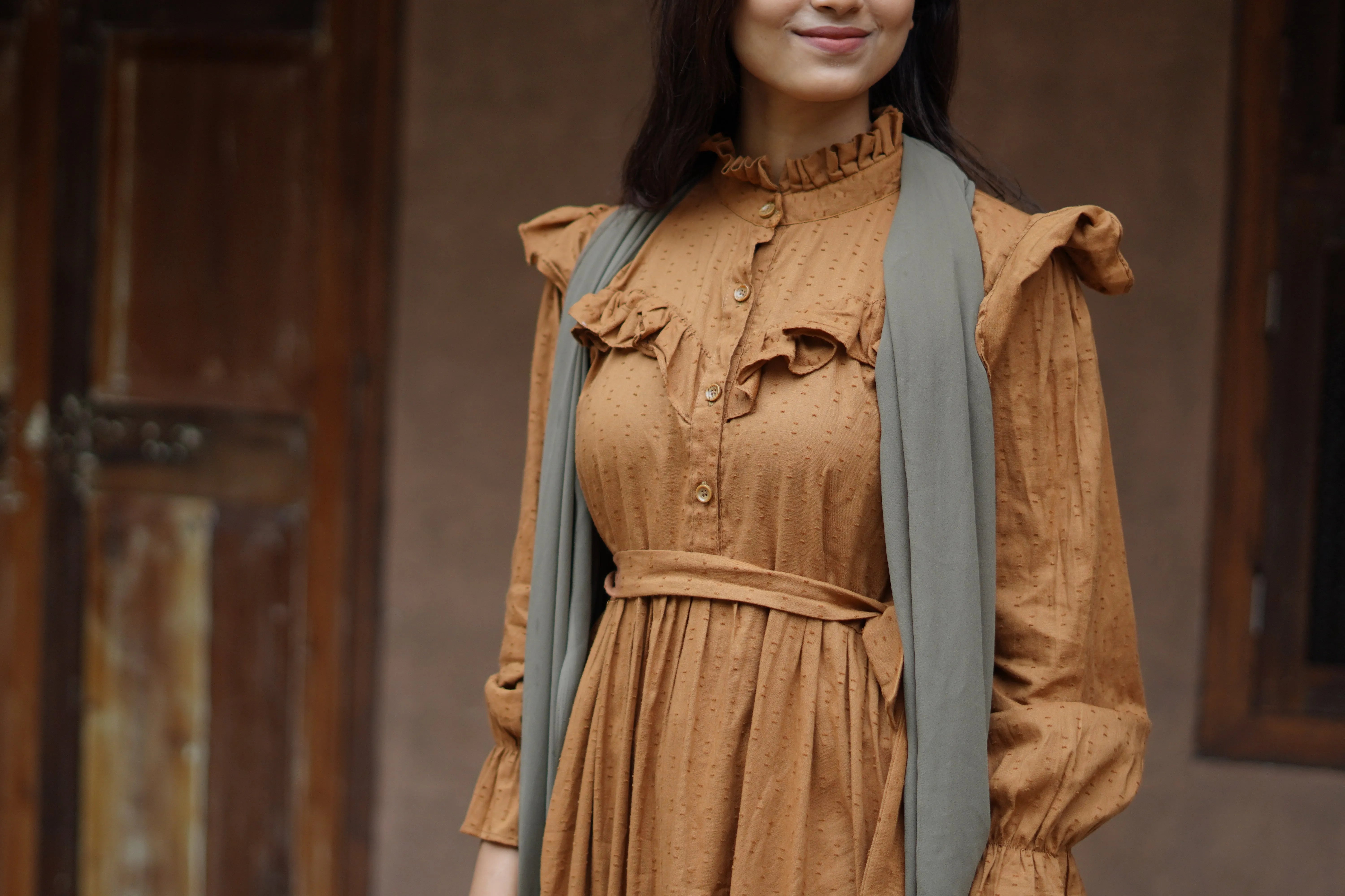 Yezwe Dotted Textured Mustard Yellow Maxi Dress with Cloth Belt - Modest Wear - YEZWE