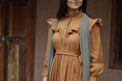 Yezwe modest mustard yellow maxi dress with ruffle details and a belted waist for a stylish look