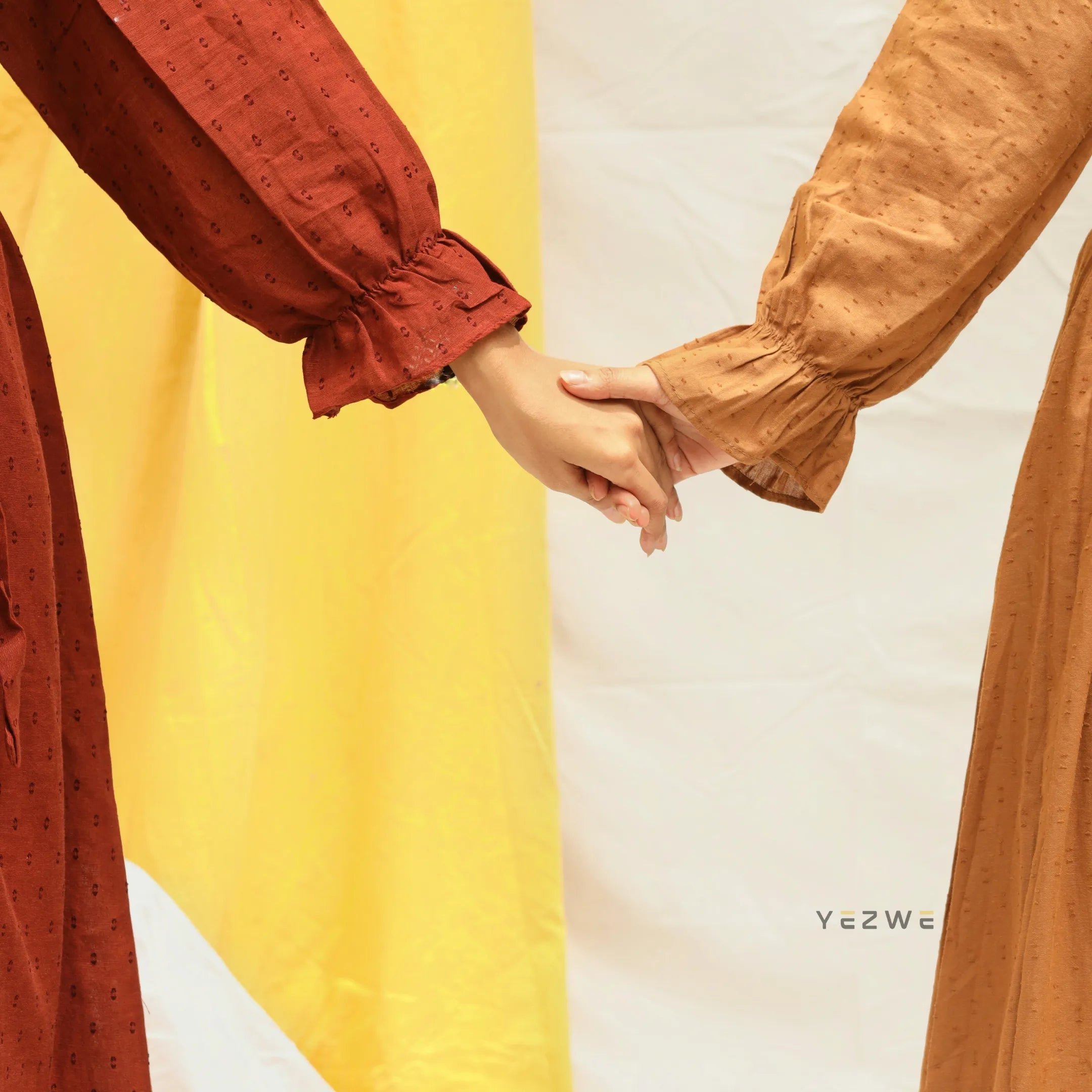 Yezwe Dotted Textured Mustard Yellow Maxi Dress with Cloth Belt - Modest Wear - YEZWE