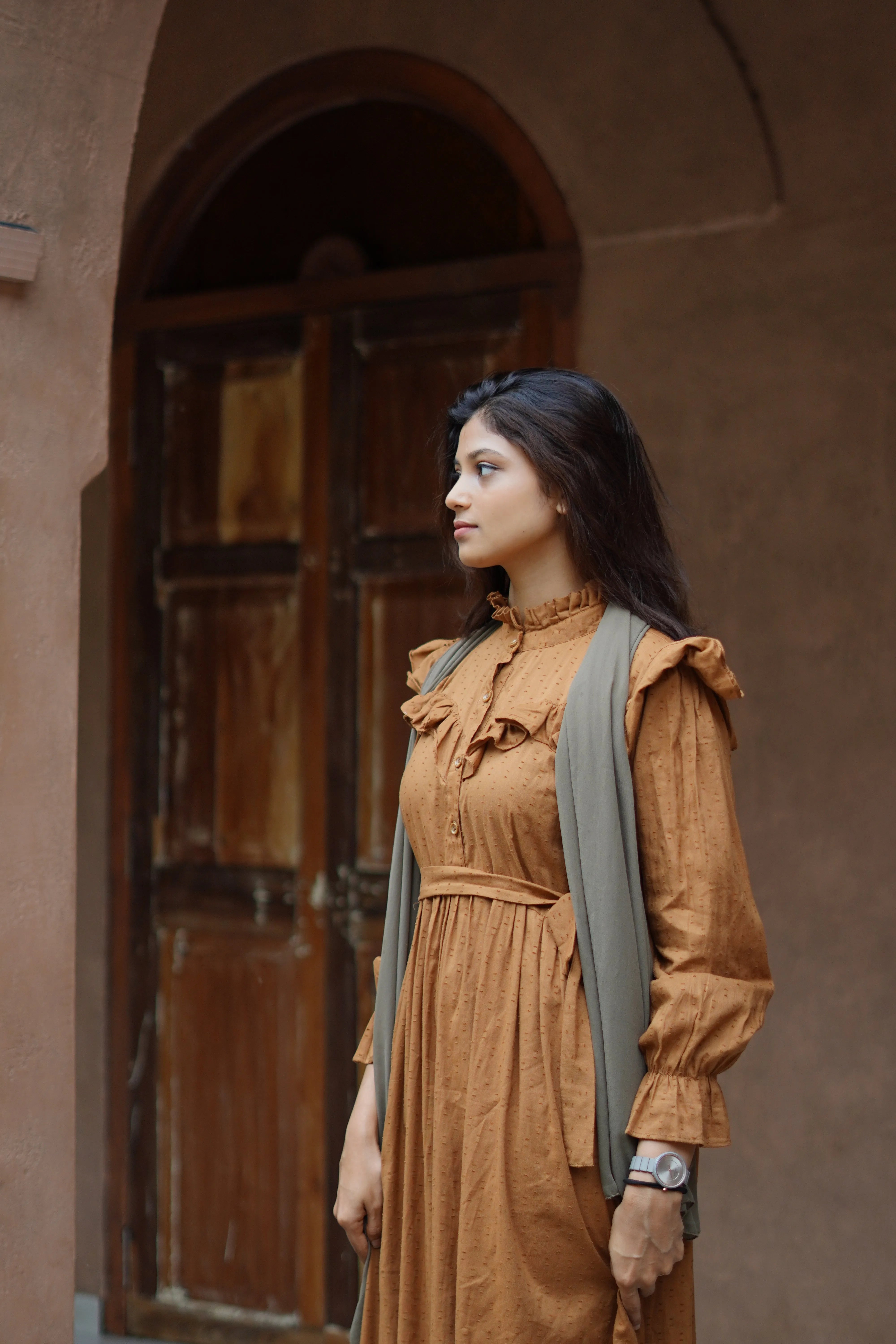 Yezwe Dotted Textured Mustard Yellow Maxi Dress with Cloth Belt - Modest Wear - YEZWE