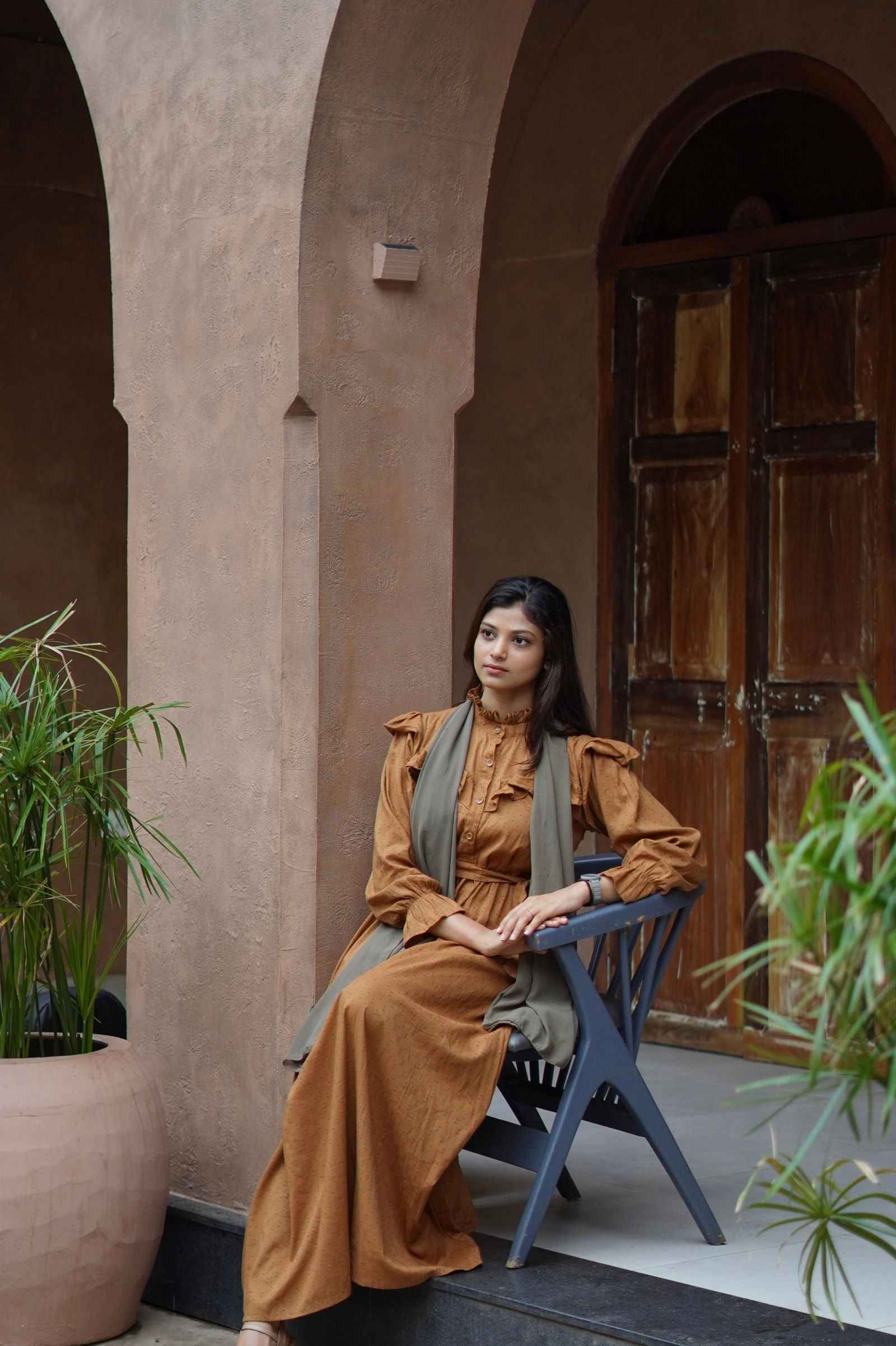 Yezwe modest mustard yellow maxi dress featuring long sleeves and a relaxed fit, perfect for stylish comfort