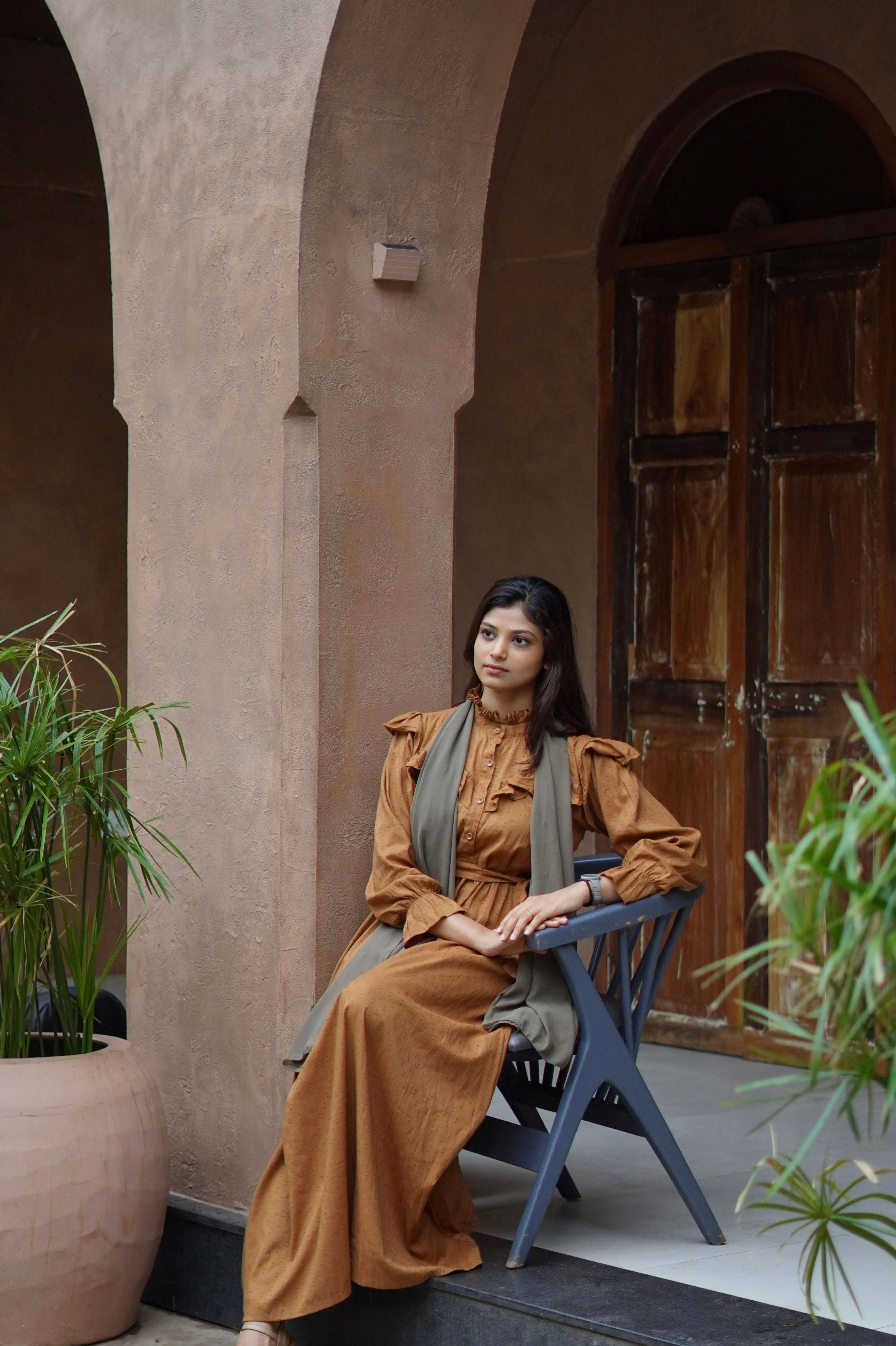 Yezwe Dotted Textured Mustard Yellow Maxi Dress with Cloth Belt - Modest Wear - YEZWE