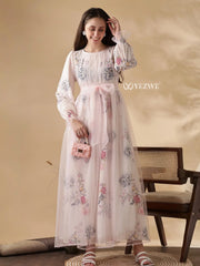 YEZWE floral maxi dress with long sleeves and bow, a perfect modest party dress for women
