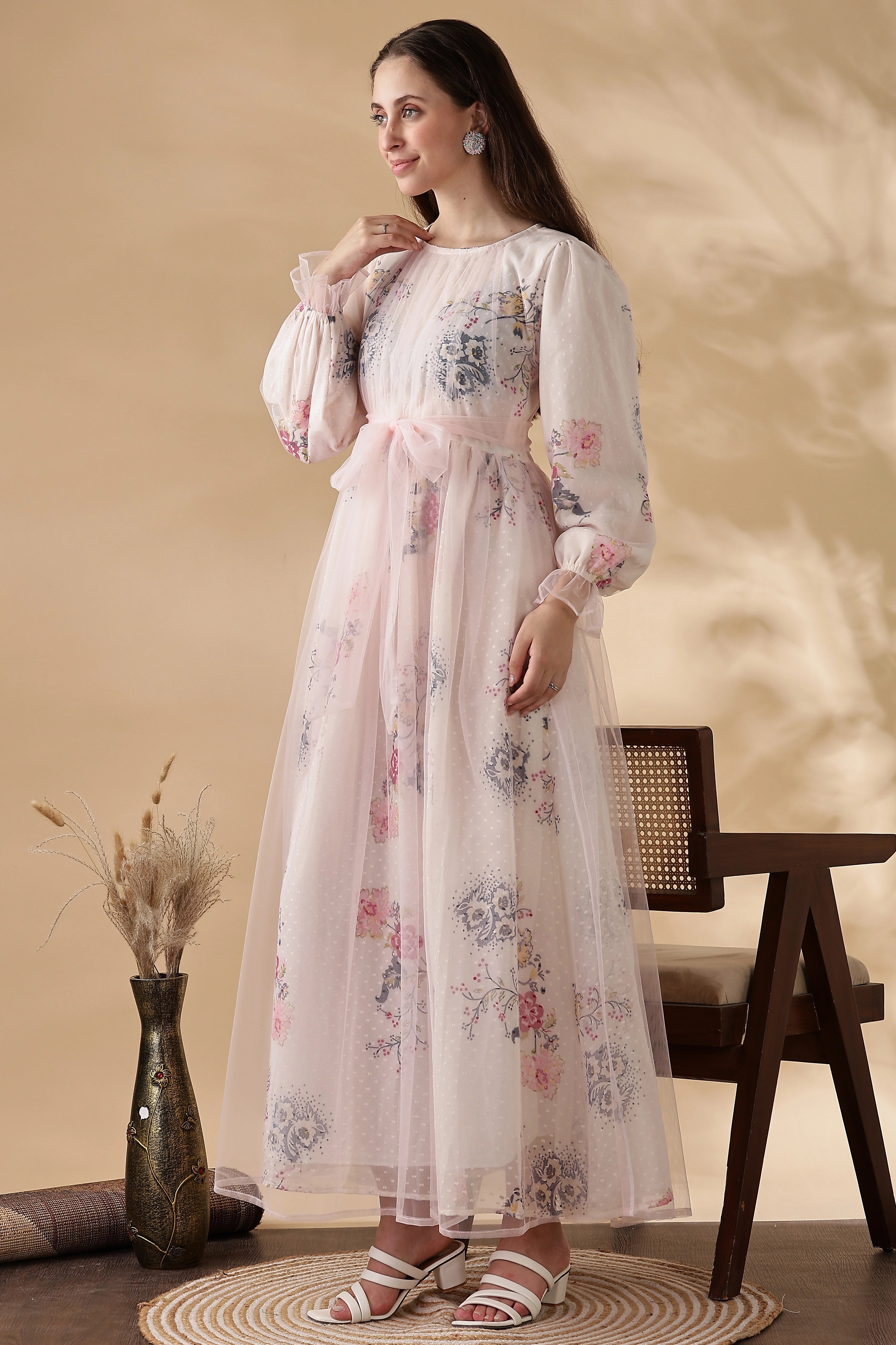 YEZWE Modest party dress for women featuring floral patterns and long sleeves in soft pink fabric