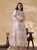 Yezwe Pink Floral Net Georgette Maxi Dress for Women - Modest Party Wear