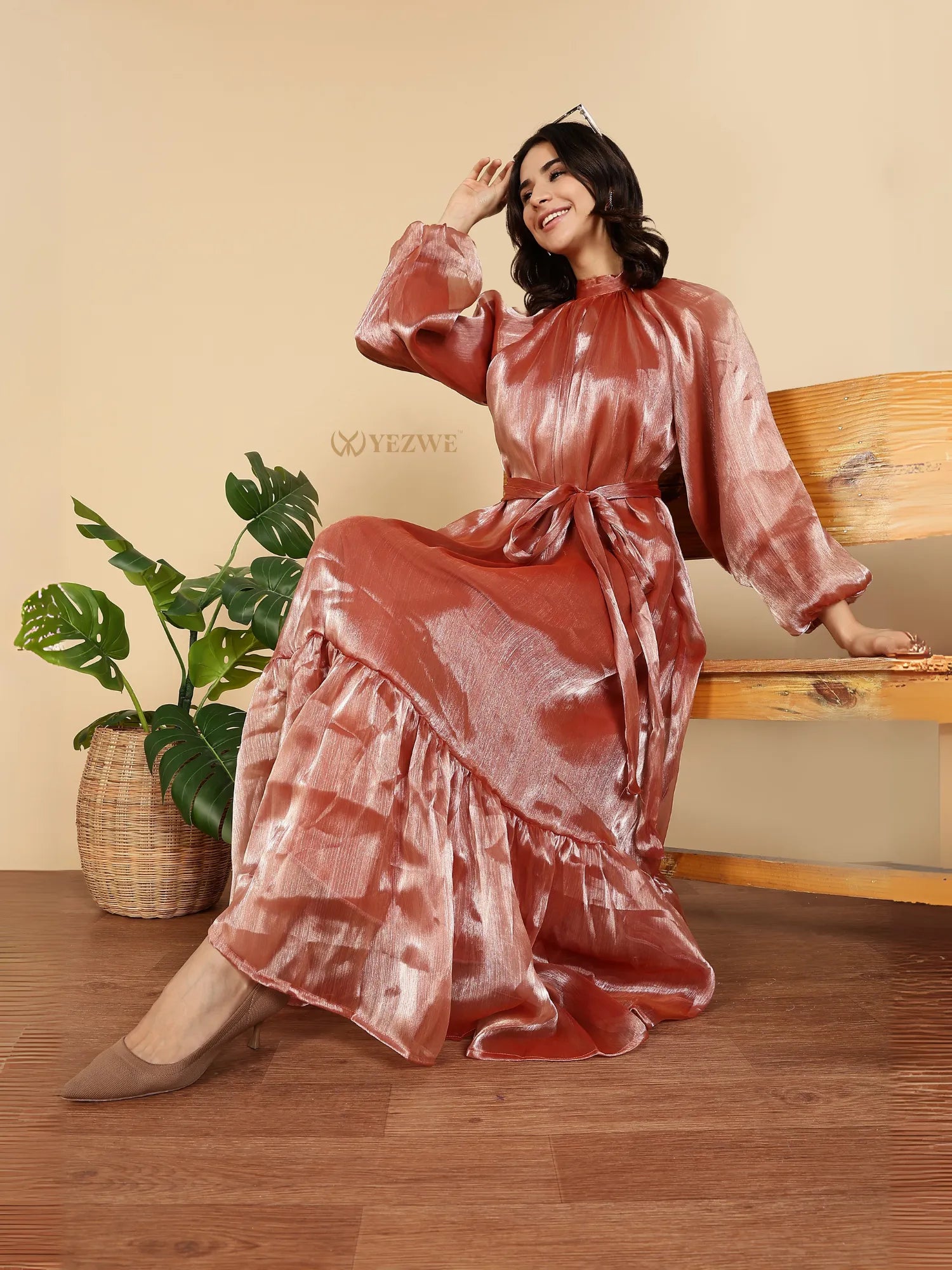 YEZWE shimmery rust satin Modest Party Wear Maxi Dress with long balloon sleeves sash waist and tiered skirt