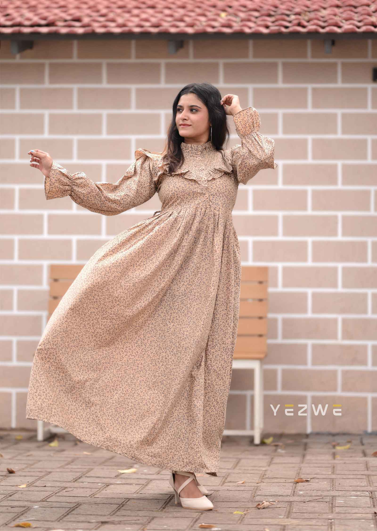 Yezwe modest print maxi dress with ruffled sleeves and a flowing silhouette for elegant style