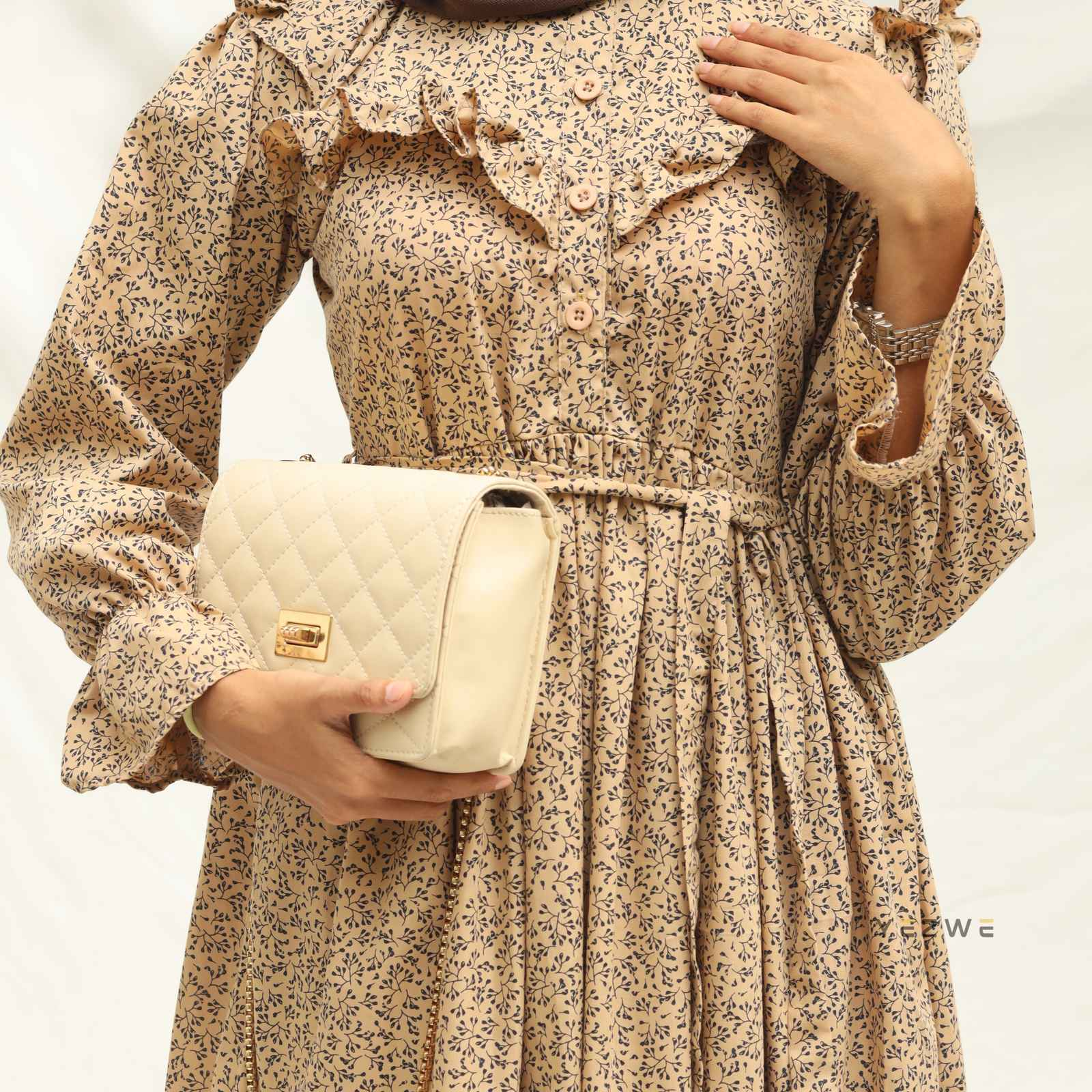 Yezwe modest print maxi dress in beige with ruffled collar and flared sleeves, perfect for casual outings