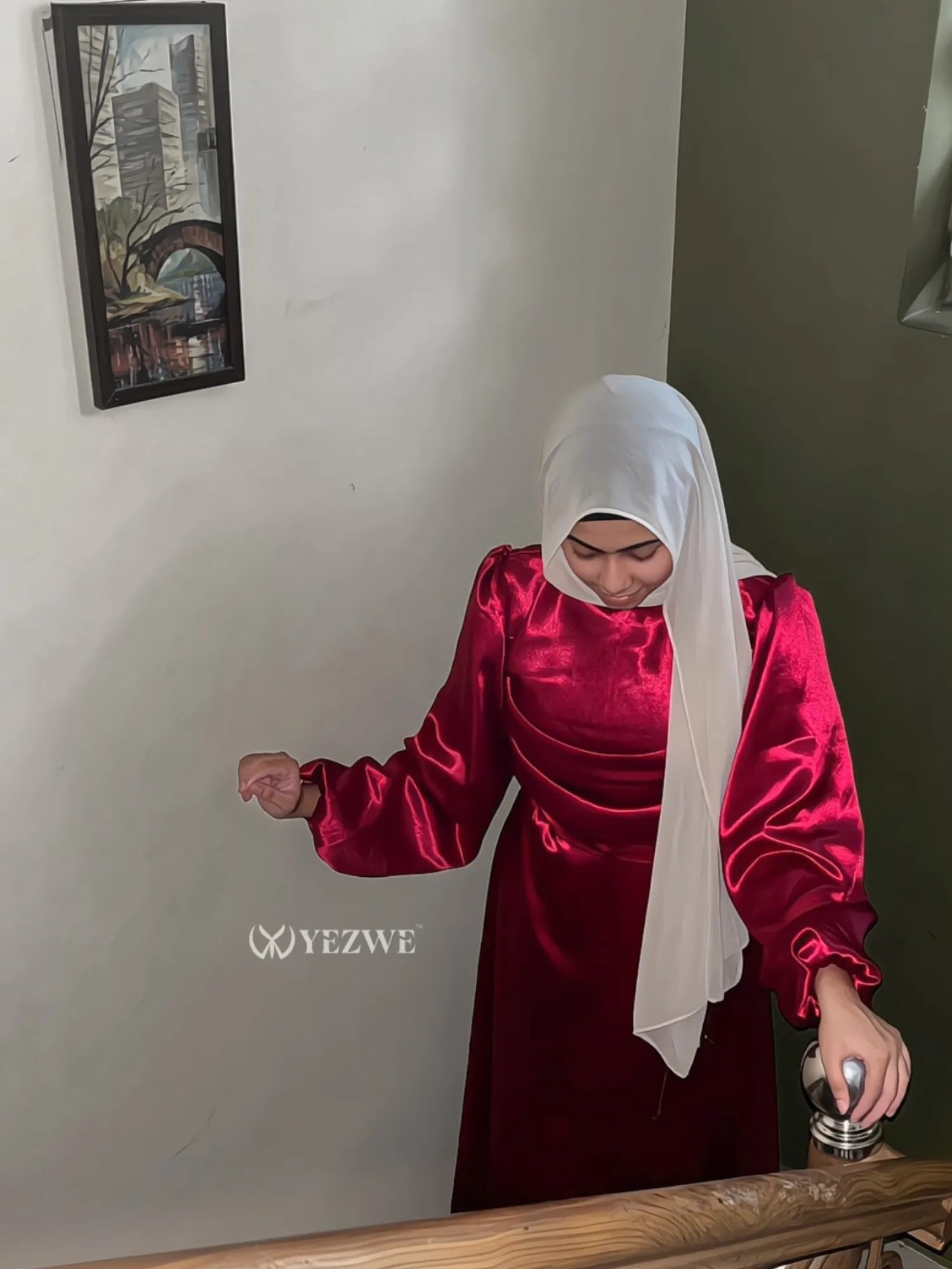 Modest rosewood maxi dress by Yezwe, featuring long sleeves and a satin finish, ideal for elegant occasions.