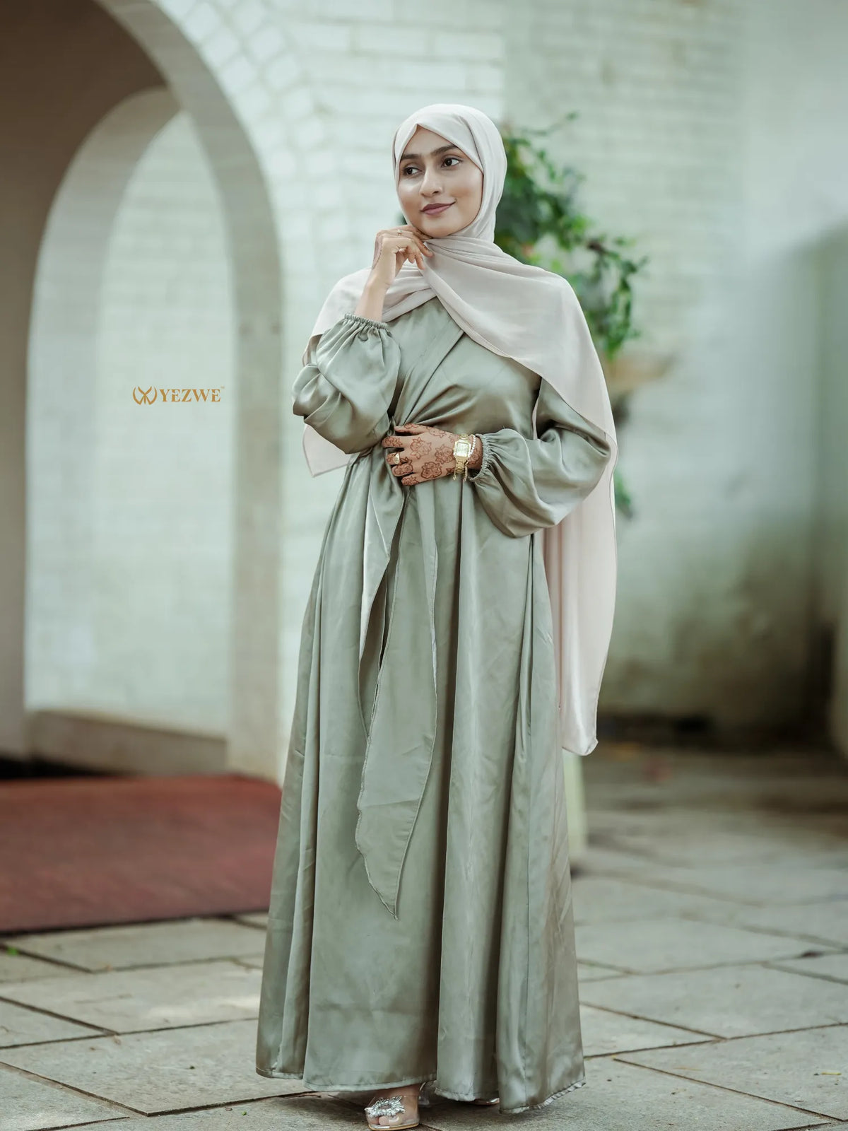 Yezwe steel grey satin overlapping tie flowing modest maxi dress front view