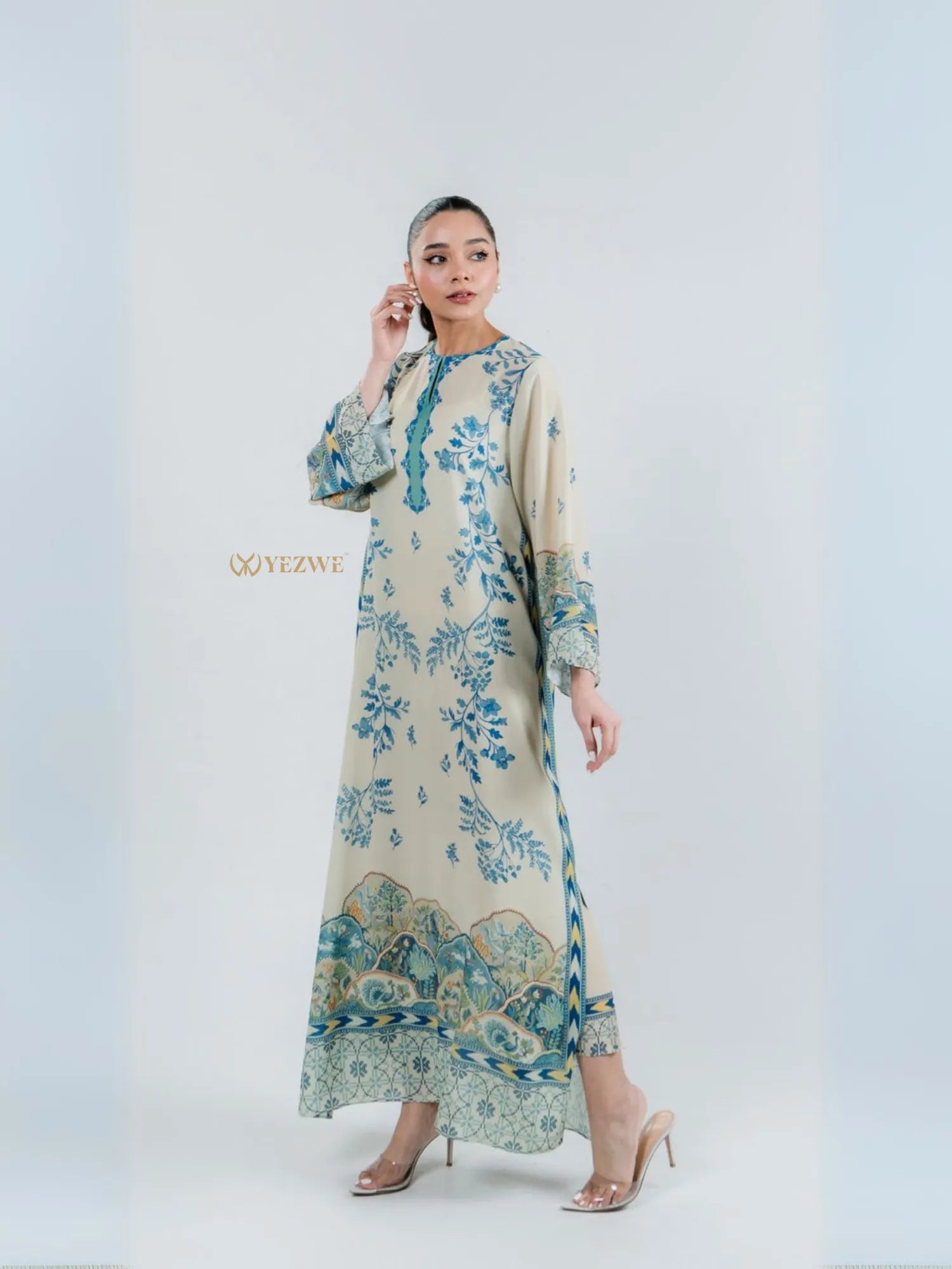 YEZWE modest top with bottom co-ord set featuring long floral patterned dress in beige and blue