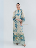 YEZWE modest top with bottom co-ord set featuring long beige dress with blue floral prints