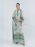 YEZWE modest top with bottom co-ord set featuring long beige dress with blue floral prints