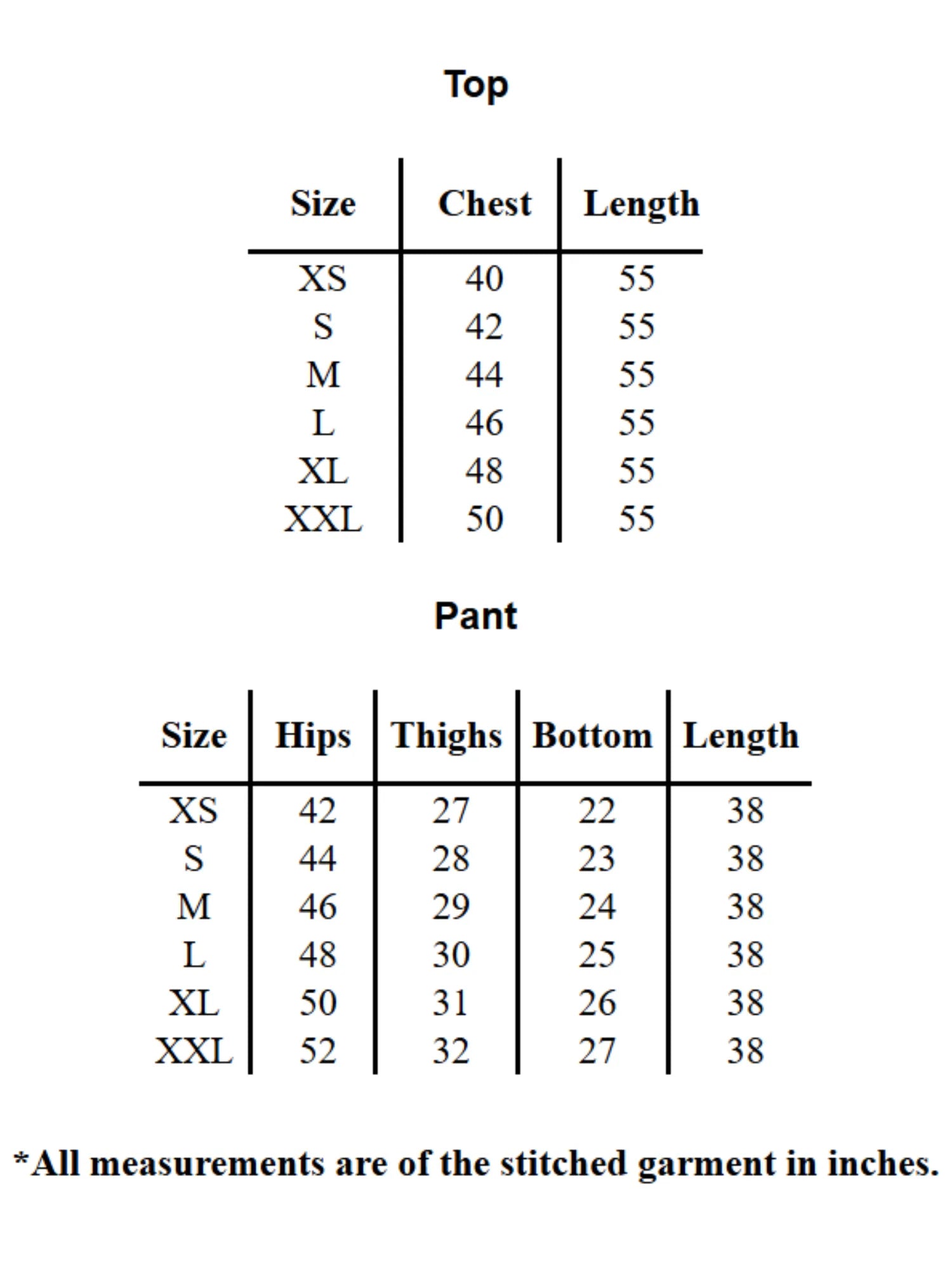 Size chart for YEZWE co-ord set showing measurements for modest top with bottom in inches
