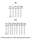 Size chart for YEZWE co-ord set showing measurements for modest top with bottom in inches