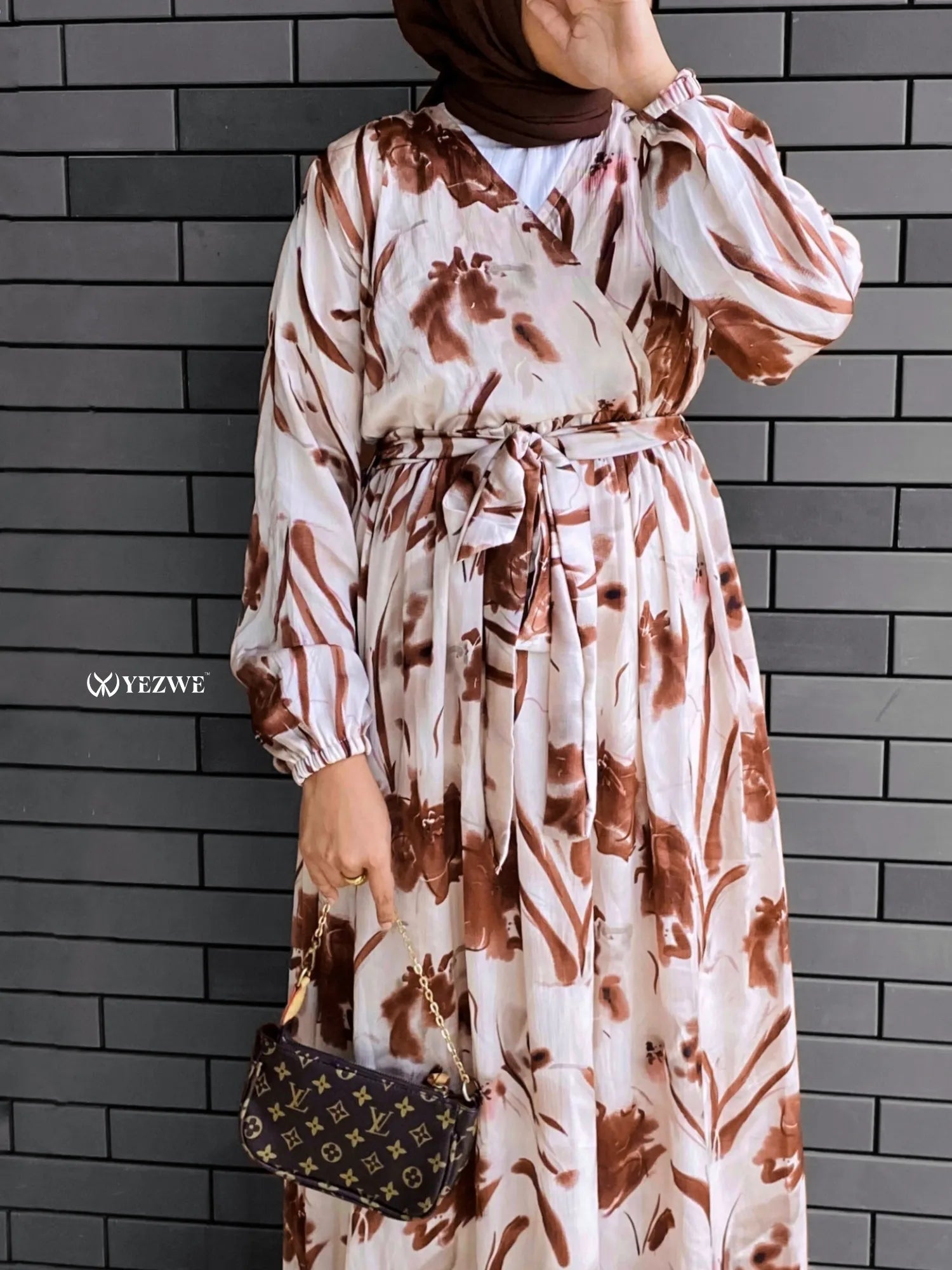 Yezwe modest V-neck dress in floral print with long sleeves and a matching belt