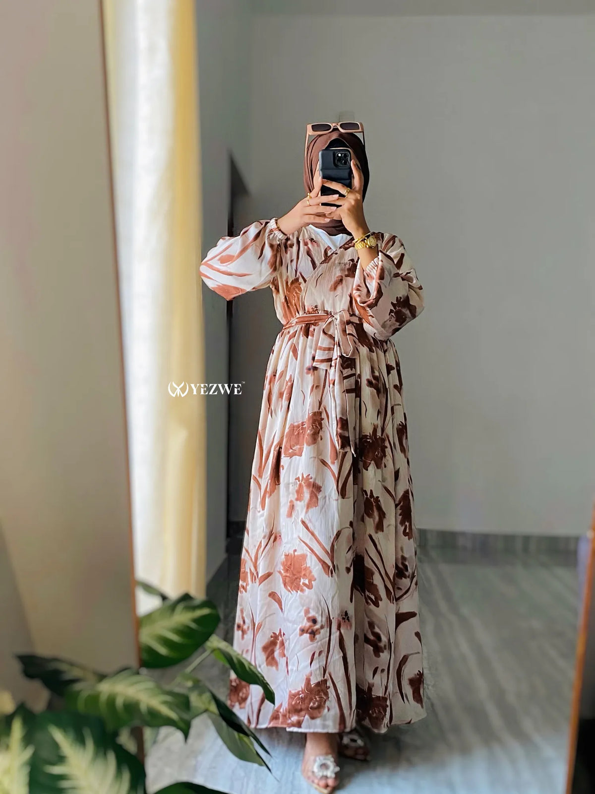 Yezwe modest V-neck dress with floral design and flowing silhouette, perfect for elegant occasions
