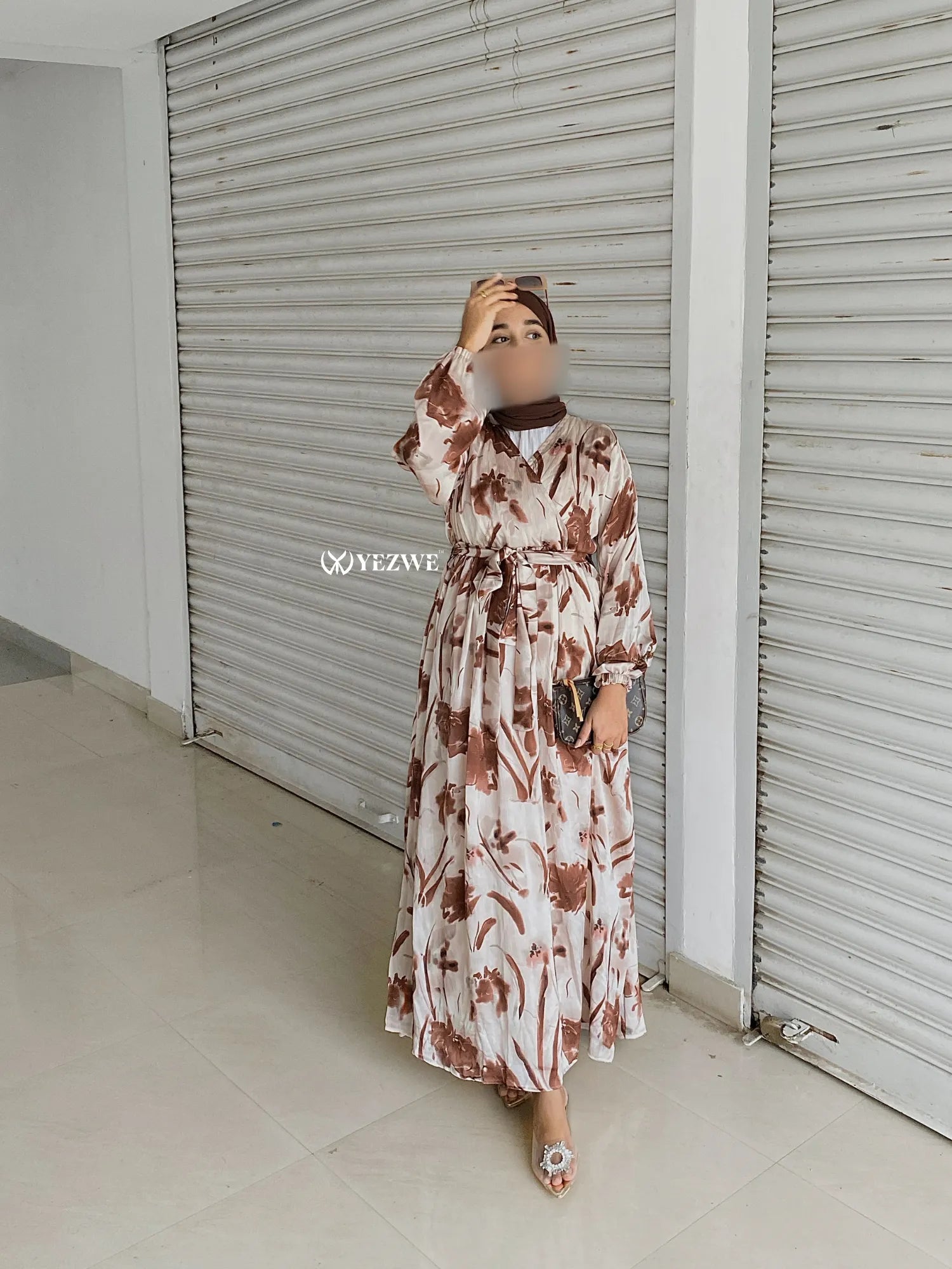 Yezwe modest V-neck dress with floral pattern and belted waist for elegant occasions