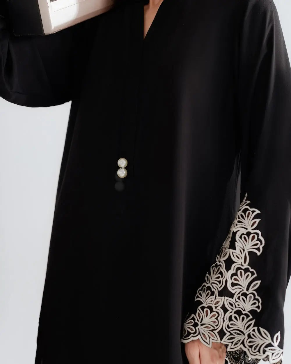 YEZWE Modest Wear Black Embroidered Co-ord Set Kurta Set with intricate white embroidery on sleeves