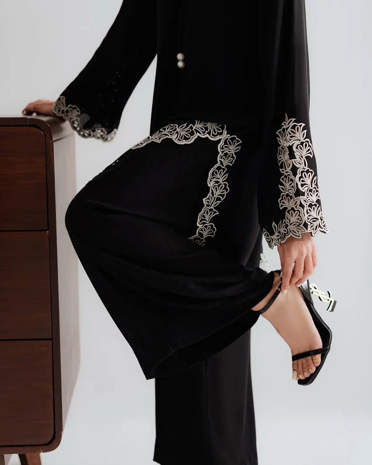 YEZWE Modest Wear Black Embroidered Co-ord Set Kurta Set with Elegant Floral Detailing on Sleeves