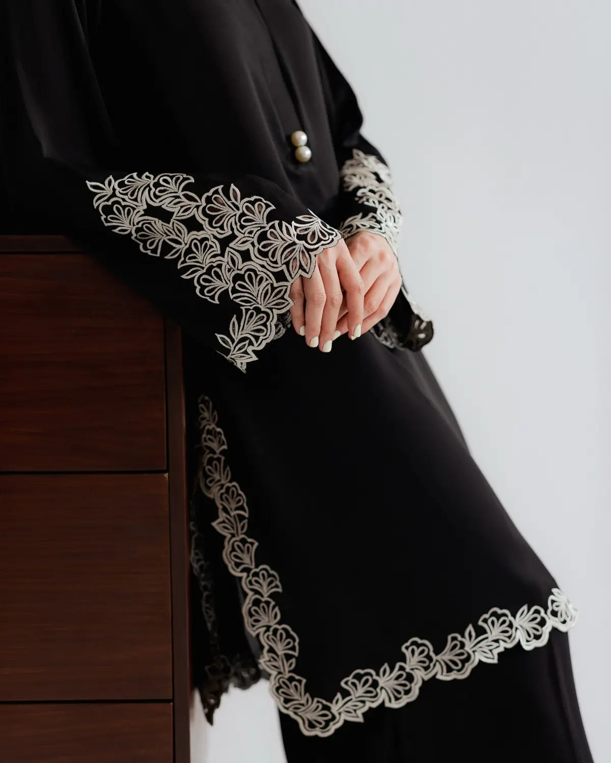YEZWE Modest Wear Black Embroidered Co-ord Set Kurta Set featuring detailed embroidery on sleeves