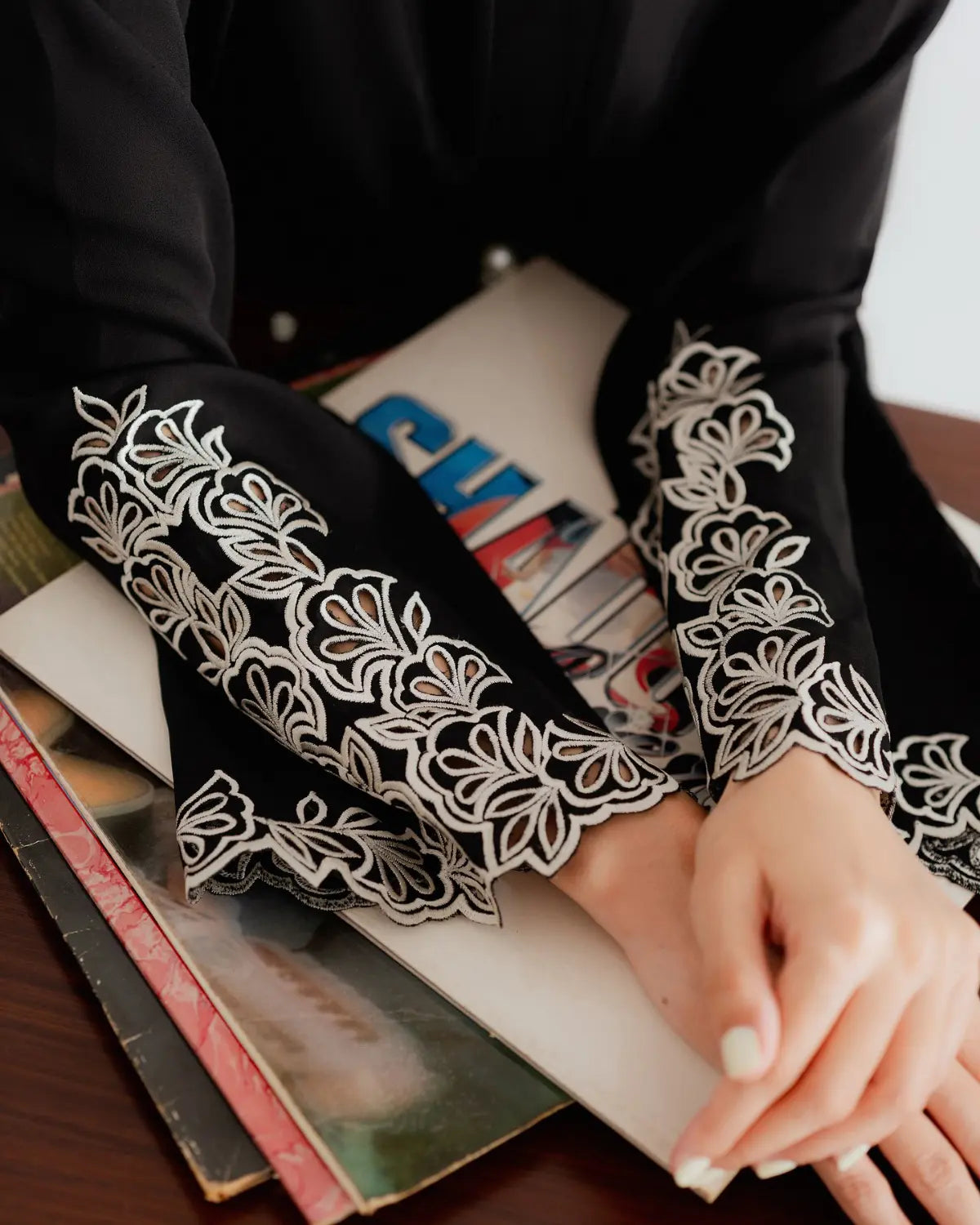 YEZWE Modest Wear Black Embroidered Co-ord Set Kurta Set with elegant floral detailing on sleeves