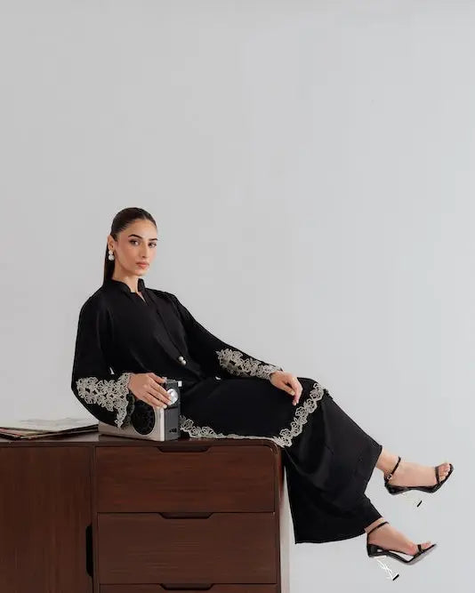 YEZWE Modest Wear Black Embroidered Co-ord Set Kurta Set displayed on a model with stylish accessories
