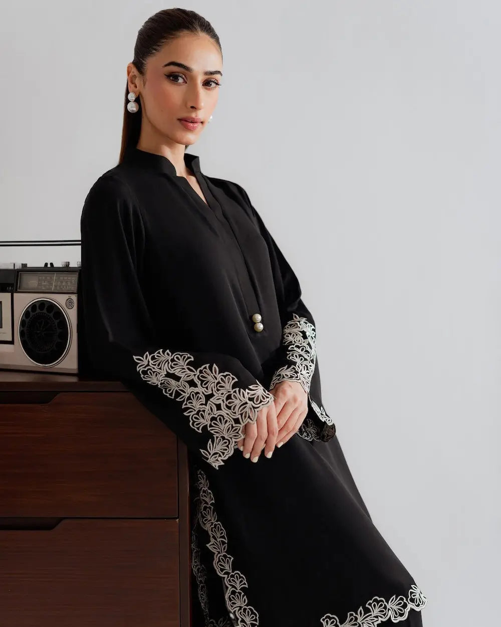 YEZWE Modest Wear Black Embroidered Co-ord Set Kurta Set with Elegant Floral Embroidery on Sleeves