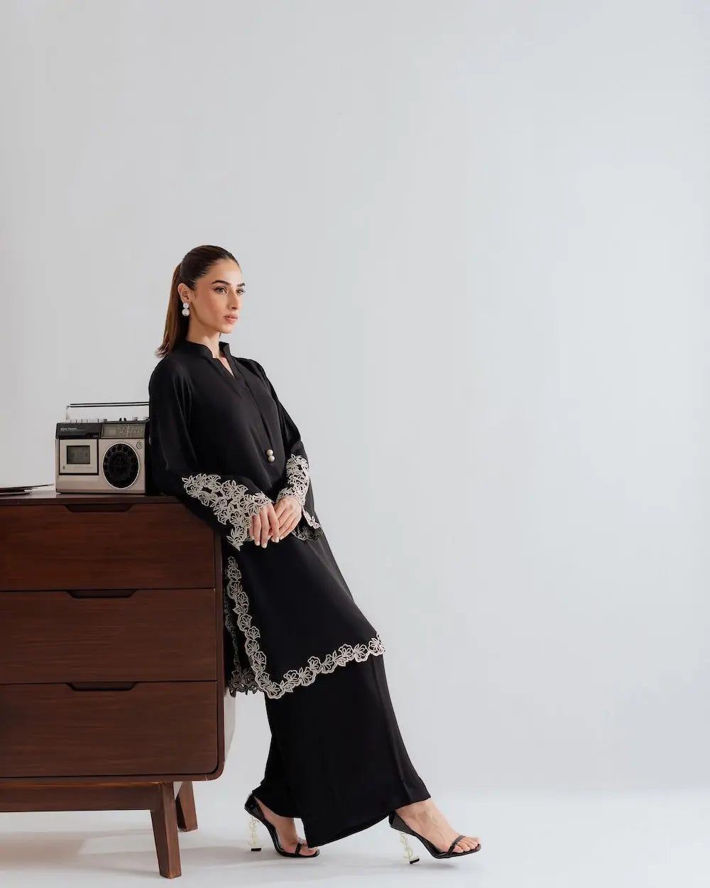 YEZWE Modest Wear Black Embroidered Co-ord Set Kurta Set featuring elegant embroidery and a stylish silhouette