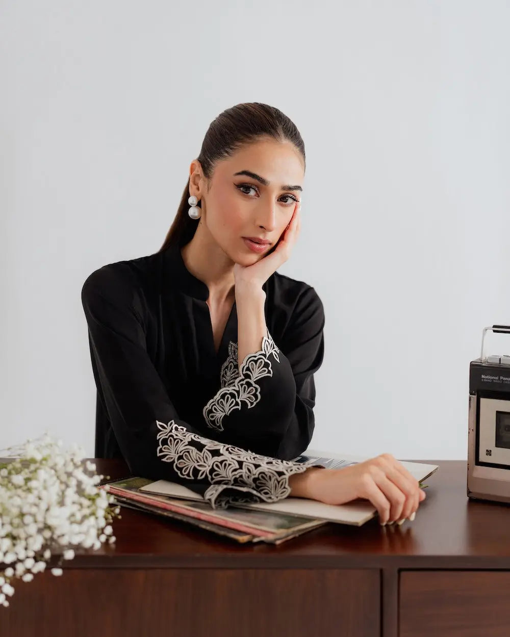 YEZWE Modest Wear Black Embroidered Co-ord Set Kurta Set with elegant floral designs and stylish sleeves