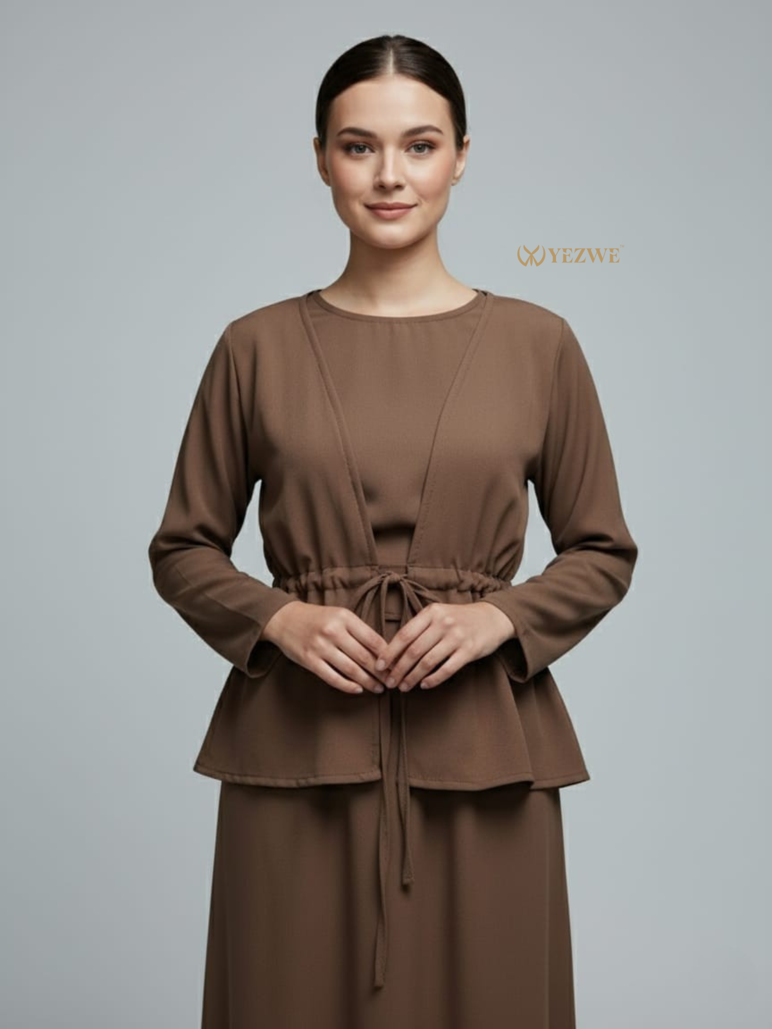 YEZWE Brown Maxi Dress with Adjustable Waist and Modest Wear Style for Elegant Outings