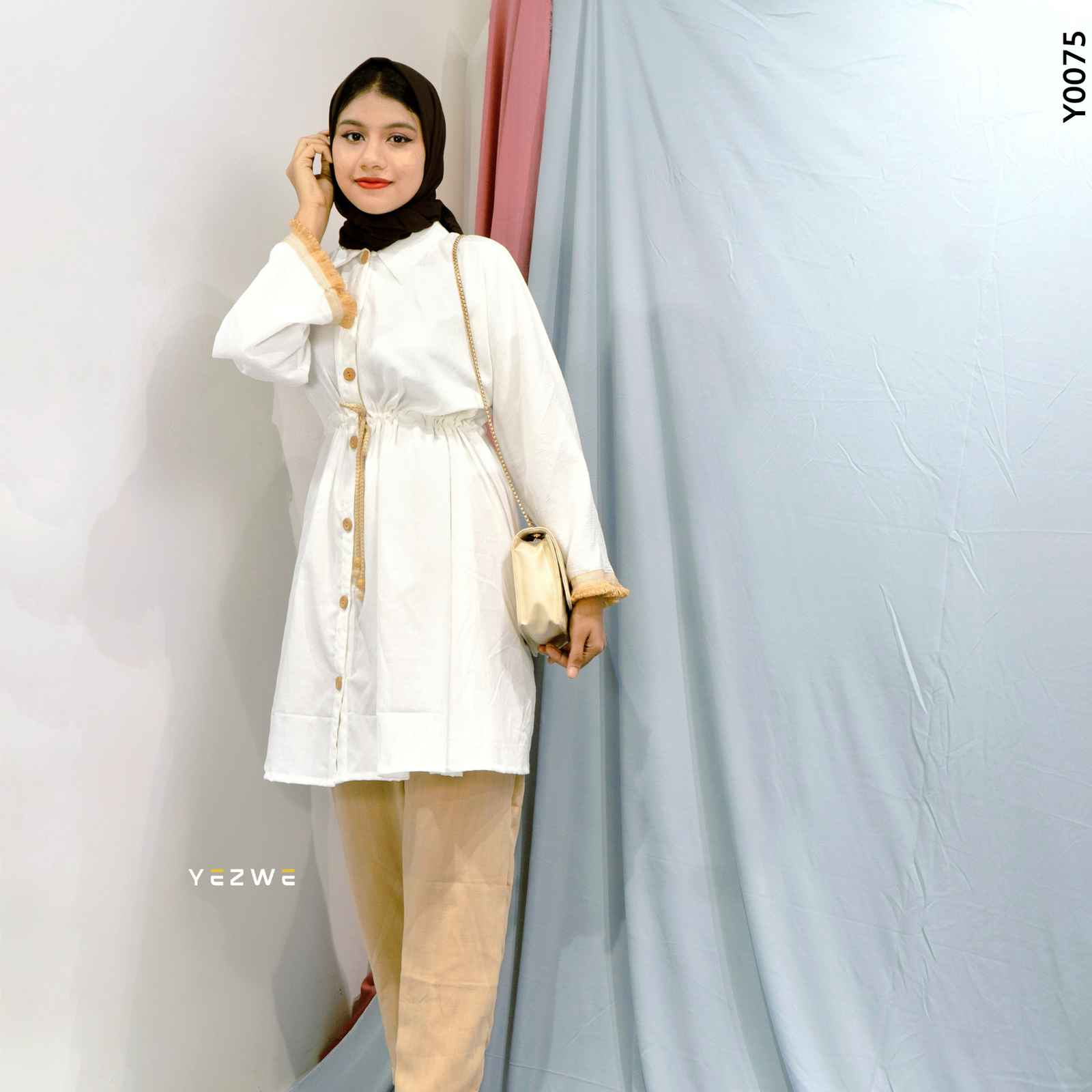 Yezwe Modest Wear Co-ord Set featuring a white button-up top and beige pants for stylish modest fashion