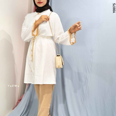 Yezwe modest wear co-ord set featuring a white top with cinched waist and beige pants