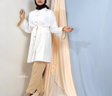 Yezwe White Crush Open Shirt with Lace In Hand and Beige Pant Co-ord Set - Modest Wear - YEZWE