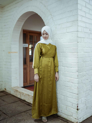 Yezwe modest wear flowing maxi dress in olive green with long sleeves and a wrap design