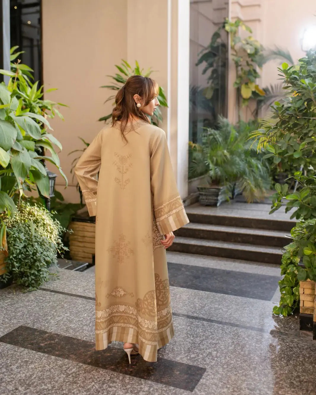YEZWE Modest Wear Golden Jalabiya Full Length Dress with Elegant Floral Designs and Bell Sleeves