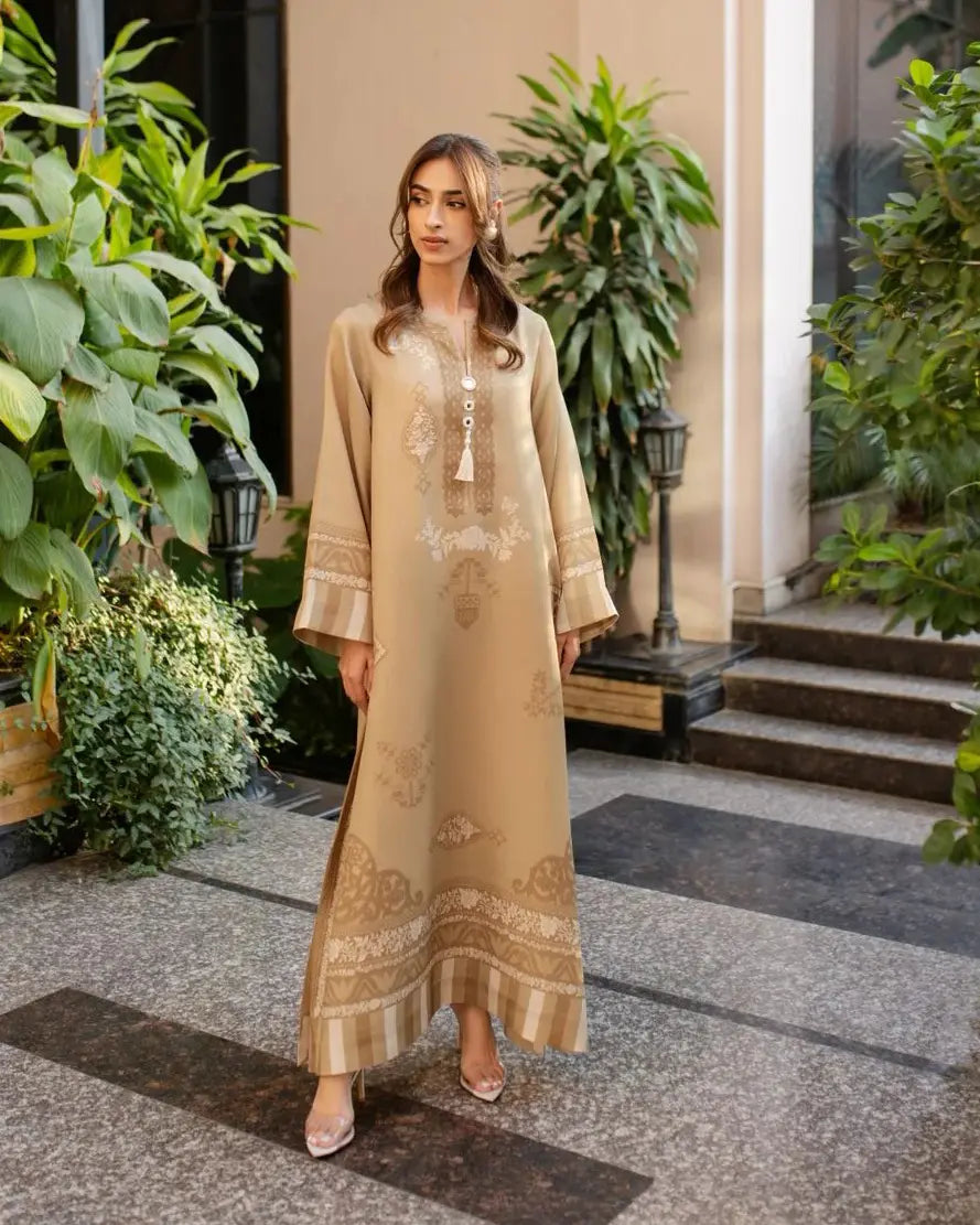 YEZWE Modest Wear Golden Jalabiya Full Length Dress with Elegant Embroidery and Flared Sleeves