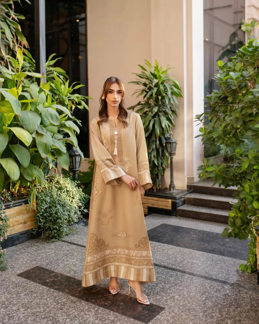 YEZWE Modest Wear Golden Jalabiya Full Length Dress with Elegant Design and Embellishments