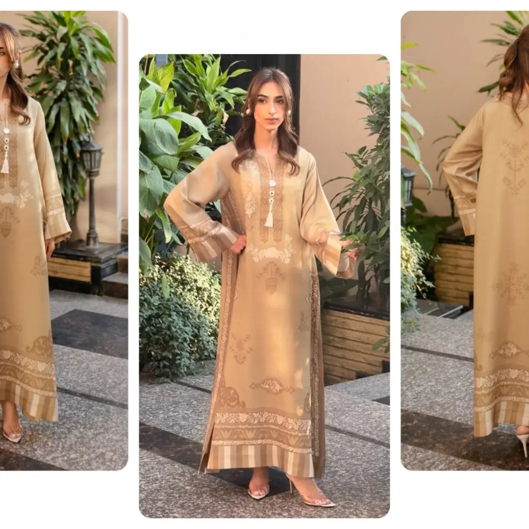 YEZWE Modest Wear Golden Jalabiya Full Length Dress with Elegant Design and Flared Sleeves