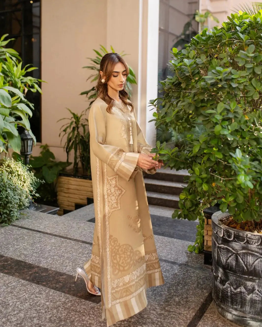 Elegant YEZWE Modest Wear Golden Jalabiya Full Length Dress with intricate detailing and relaxed fit