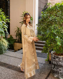 Elegant YEZWE Modest Wear Golden Jalabiya Full Length Dress with intricate detailing and relaxed fit