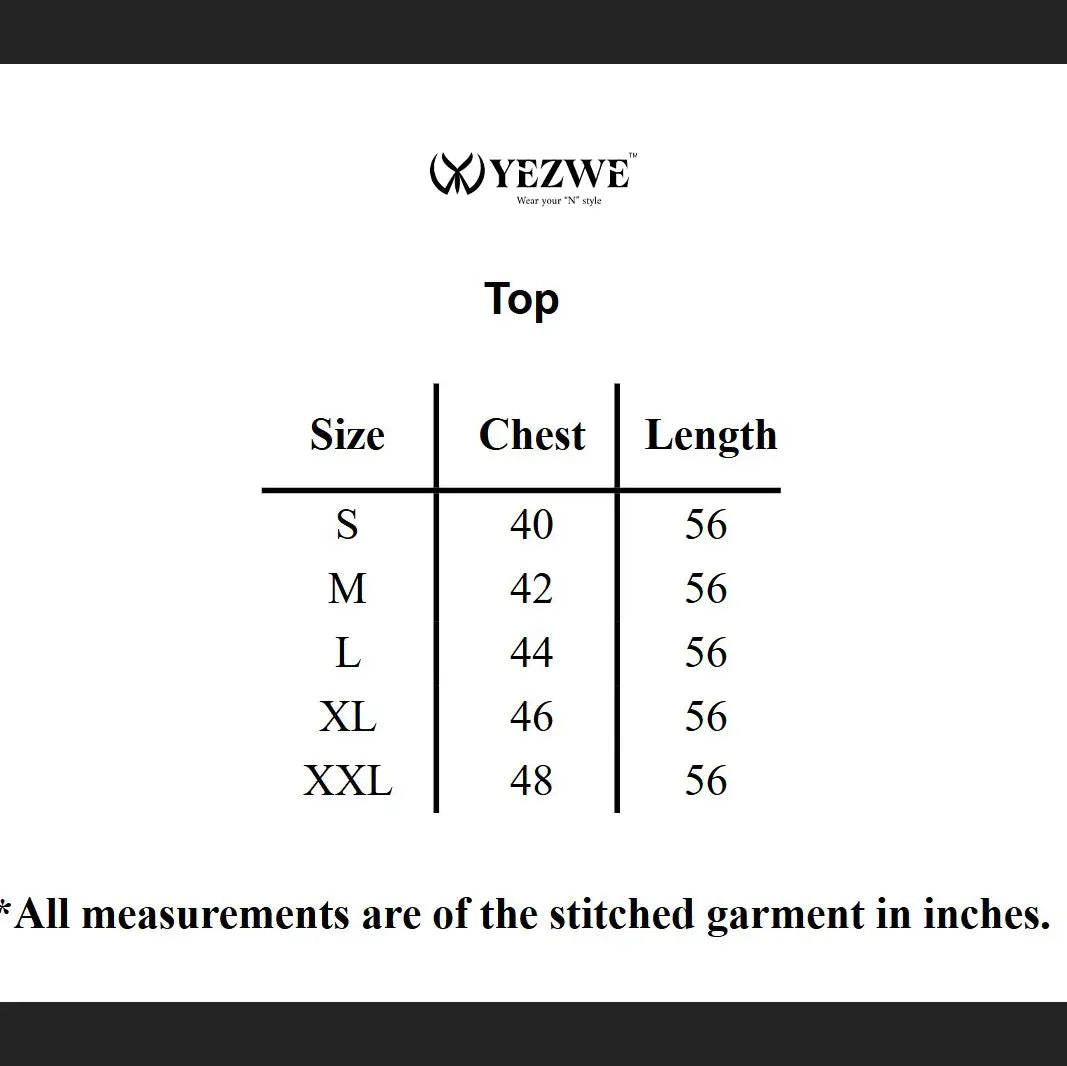 YEZWE Modest Wear Golden Jalabiya Full Length Dress size chart with measurements for different sizes