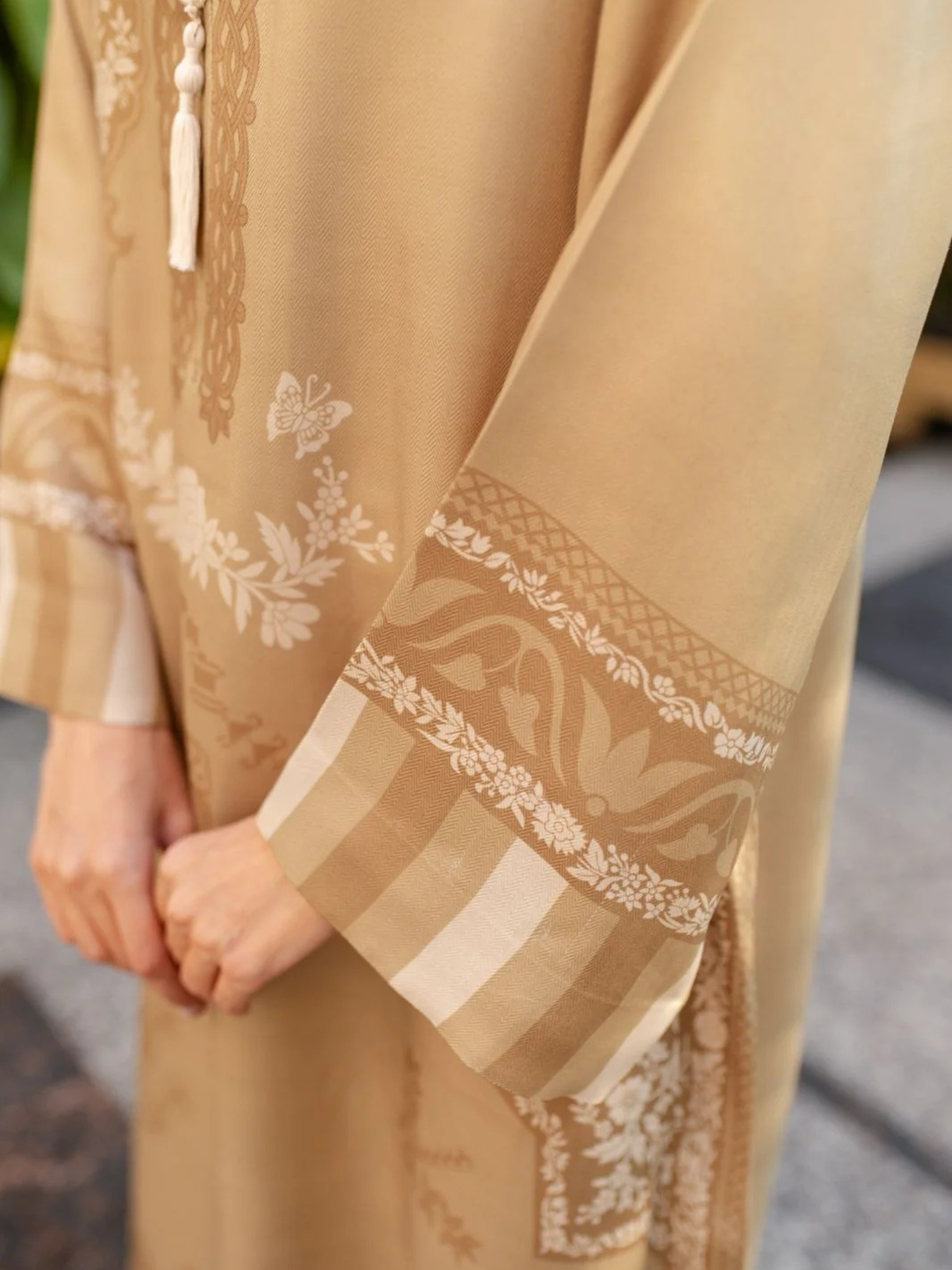YEZWE Modest Wear Jalabiya Golden and Dull Full Length Comfortable Jalabiya Dress | Pre-Booking close-up of sleeve detail