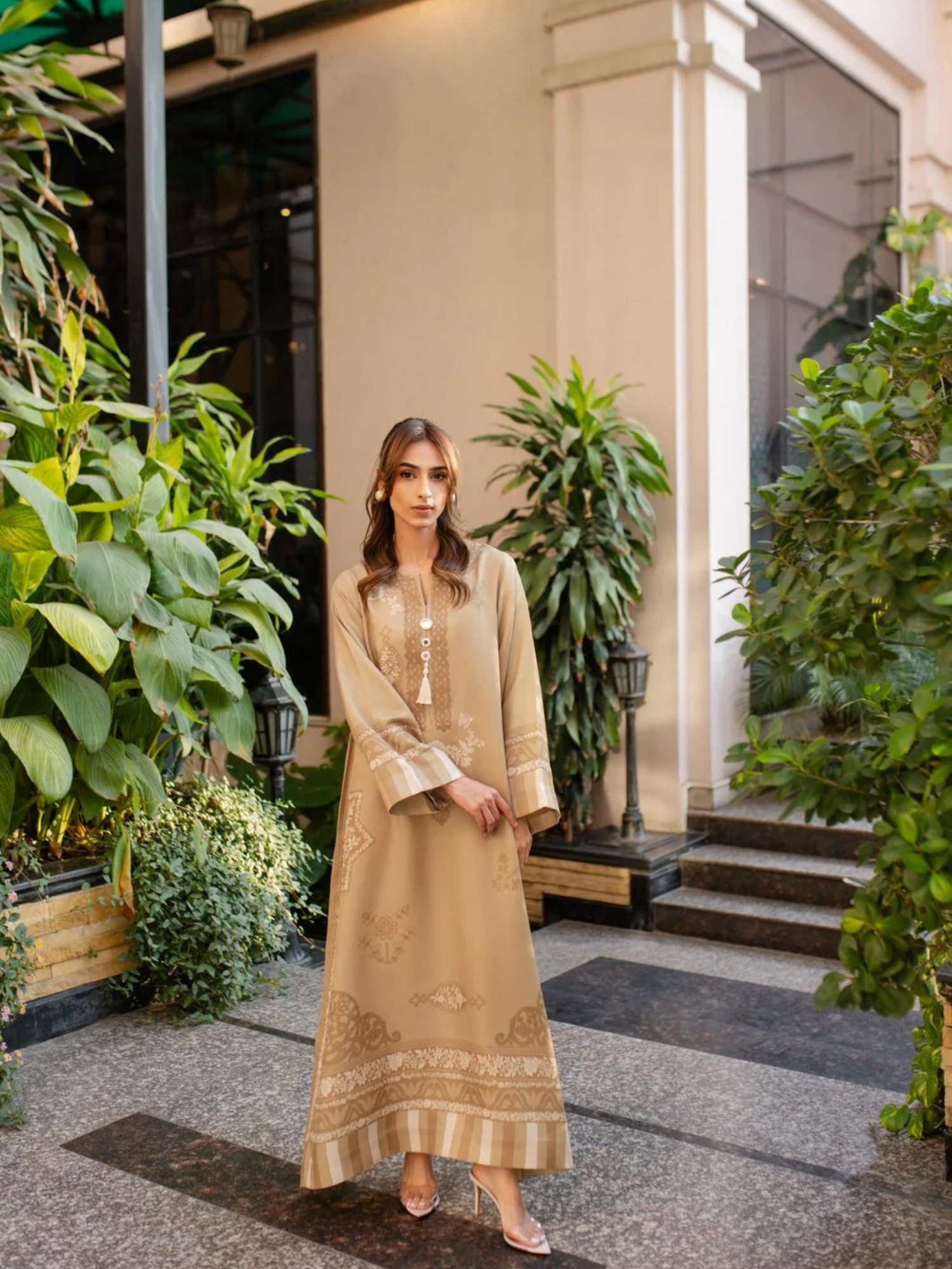 YEZWE Modest Wear Jalabiya Golden and Dull Full Length Comfortable Jalabiya Dress displayed outdoors
