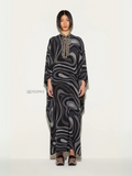 YEZWE modest wear kaftan dress in black and gray with intricate neckline embellishments