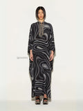 YEZWE modest wear kaftan dress in black and gray with intricate neckline embellishments