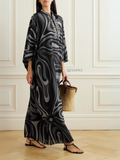 YEZWE modest wear kaftan dress in black and gray swirl pattern with embellished neckline