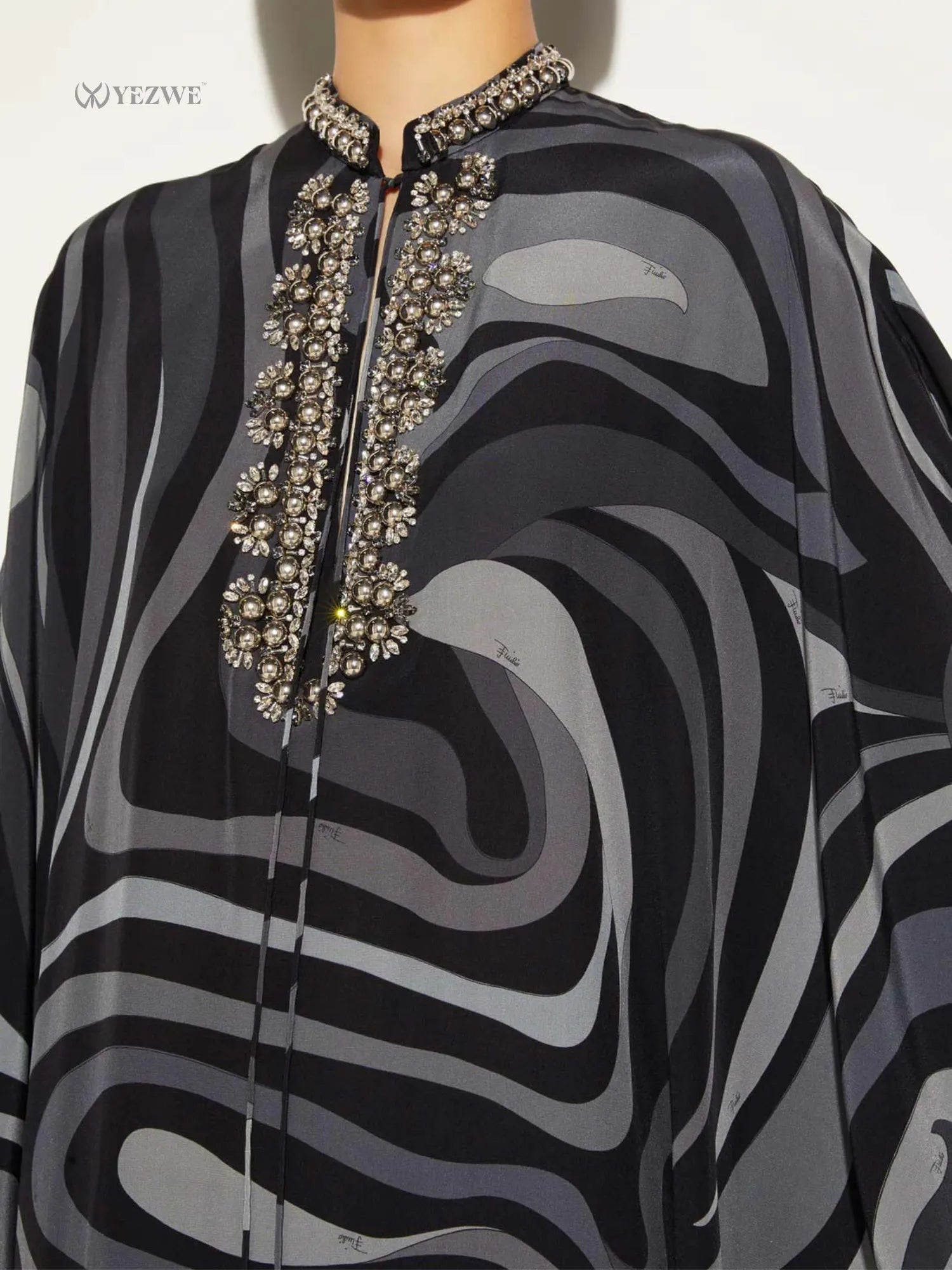 YEZWE Modest Wear Kaftan Dress with black and gray abstract patterns and embellished neckline