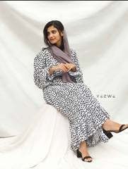 Yezwe modest wear maxi dress in black and white print with ruffle hem and lightweight fabric