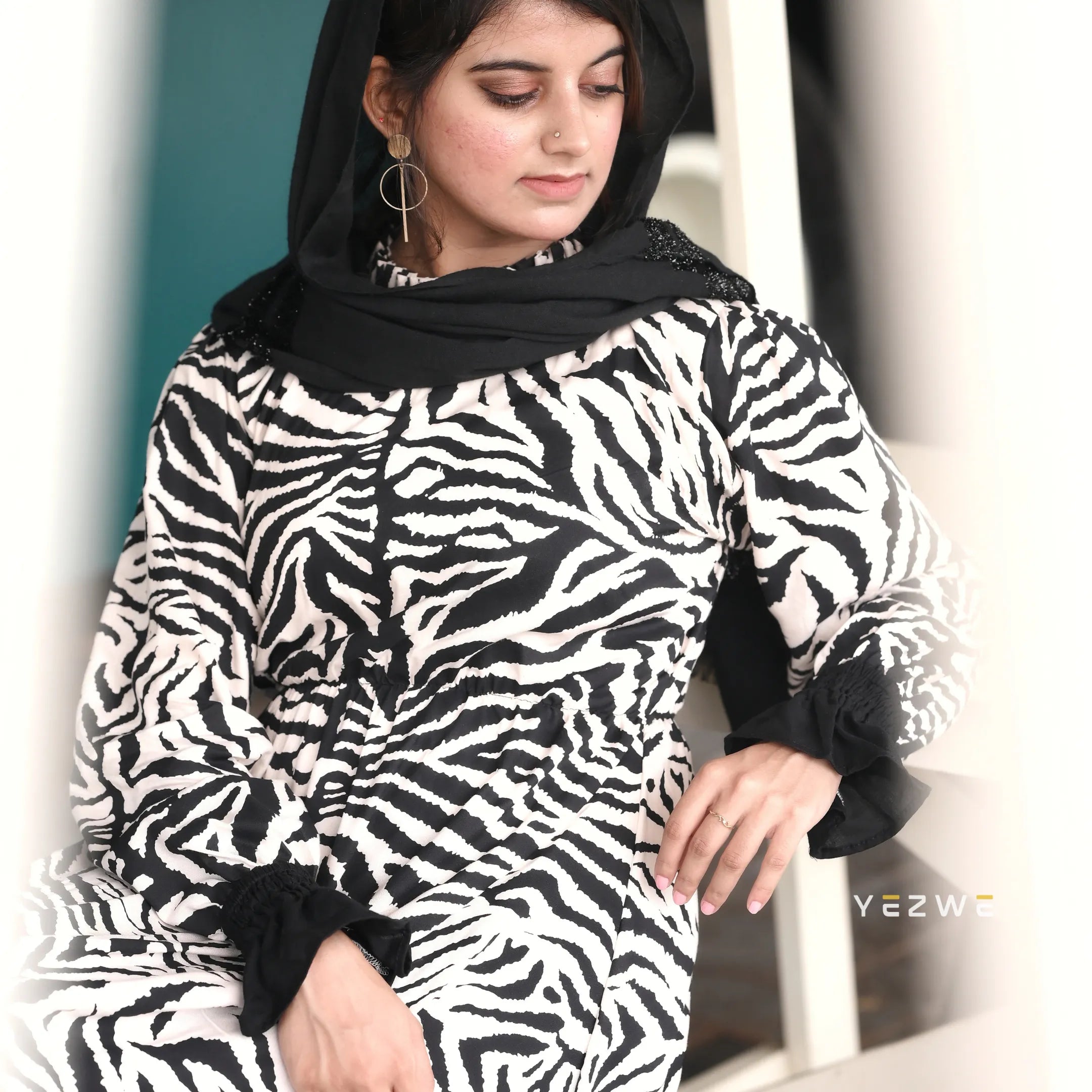 Yezwe Tiger Print Beige Maxi Dress with Ruffle Elastic Sleeve - Modest Wear - YEZWE